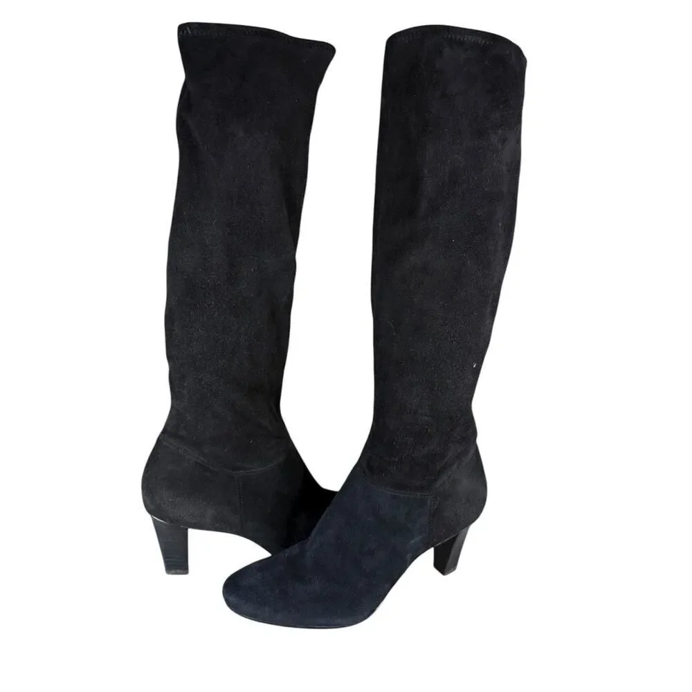 Coach Black Suede Knee High Heeled Boots 8.5B Pull-On Block Heel